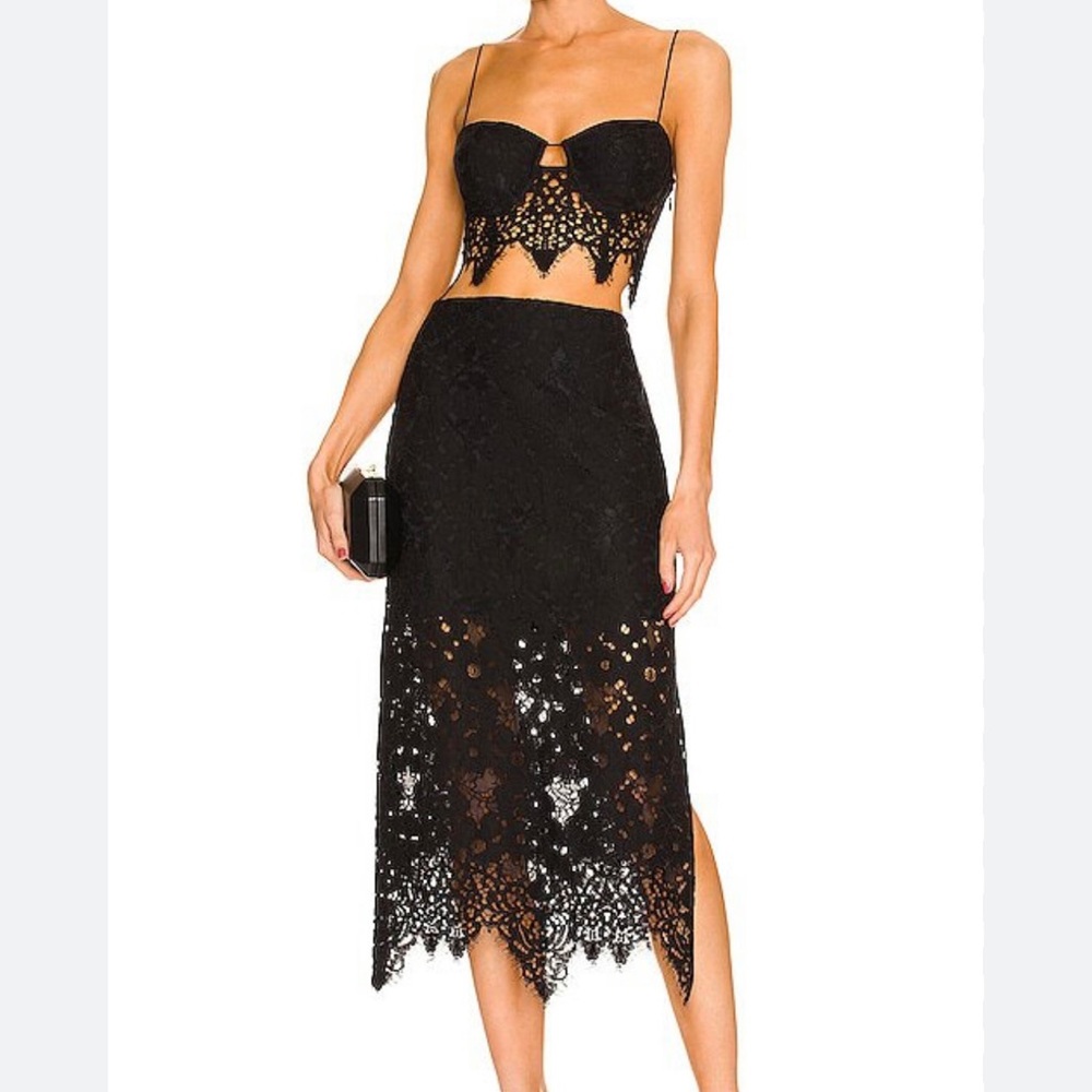 L'Academie Black Lace Two-Piece Midi Skirt and Bustier Set